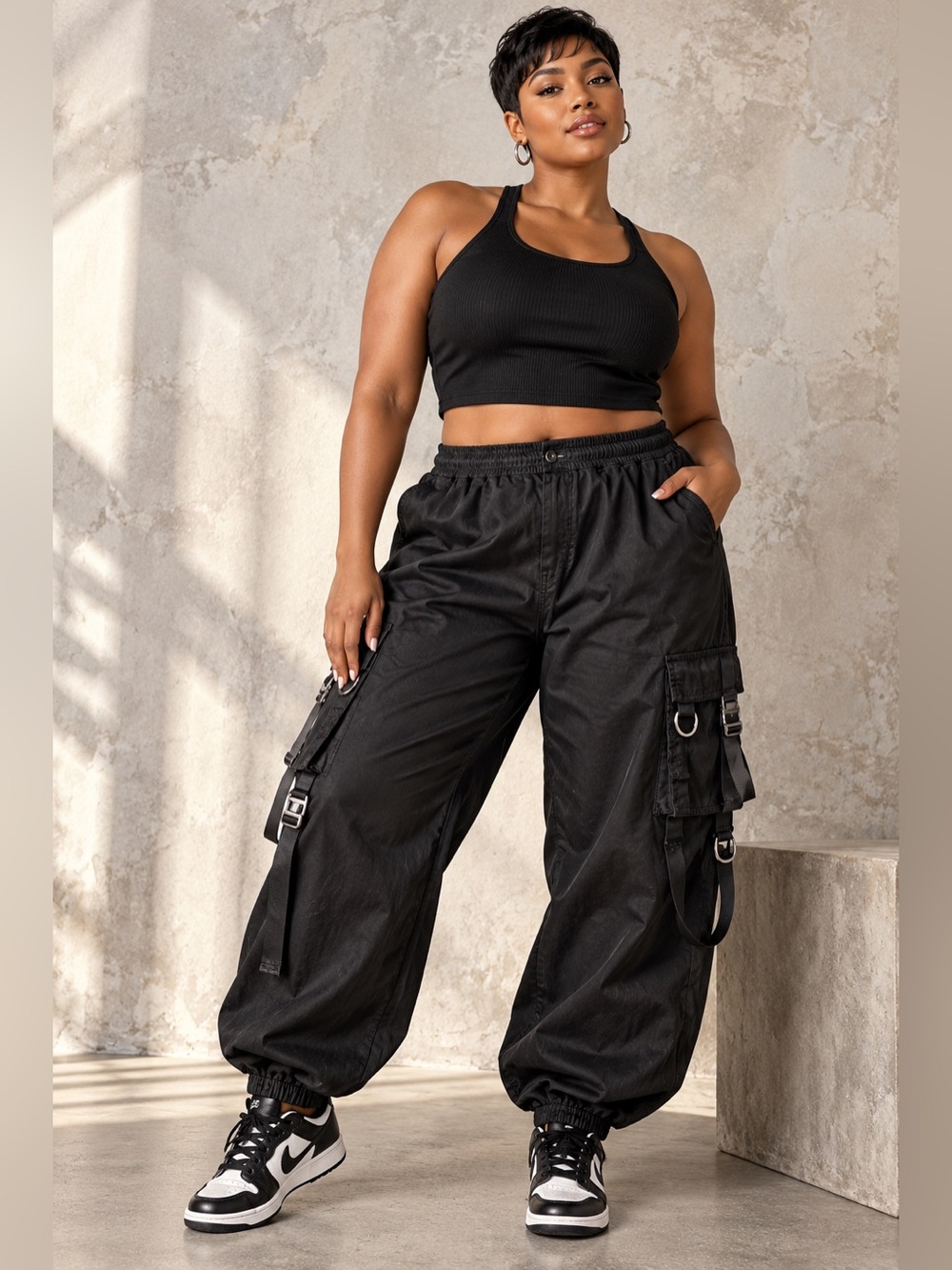 Hot Topic Black Cargo Pants with Straps and Rings, Size 3, 100% Cotton